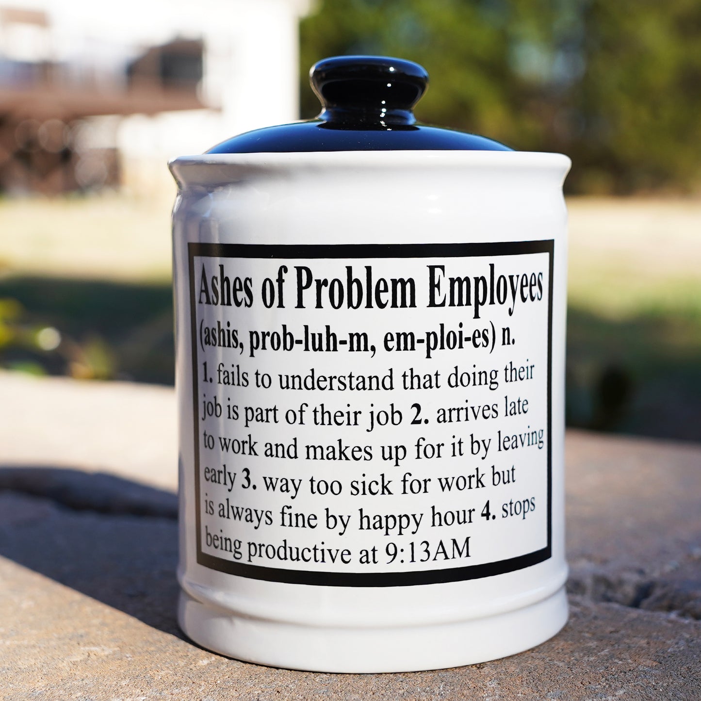 Cottage Creek Ashes of Problem Employees Piggy Bank, Candy Jar, 6" Black & White