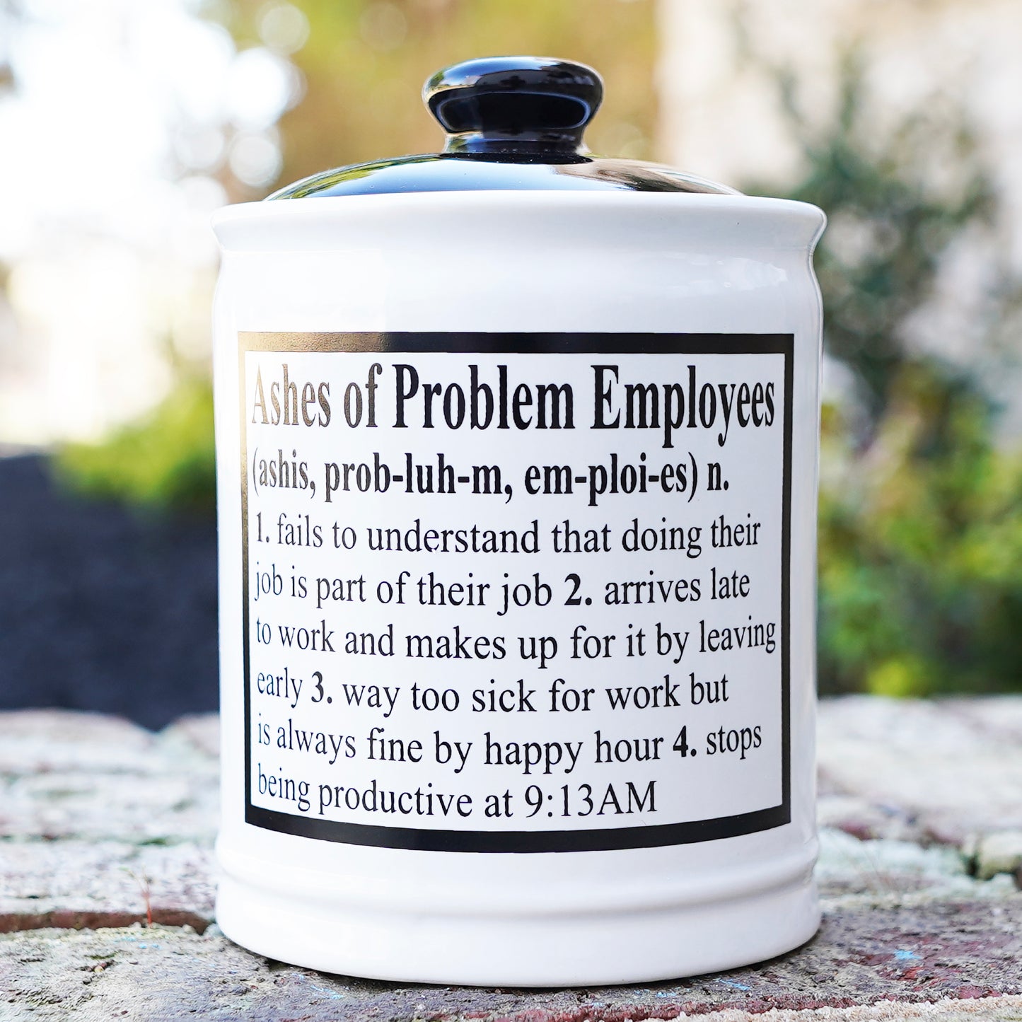 Cottage Creek Ashes of Problem Employees Piggy Bank, Candy Jar, 6" Black & White