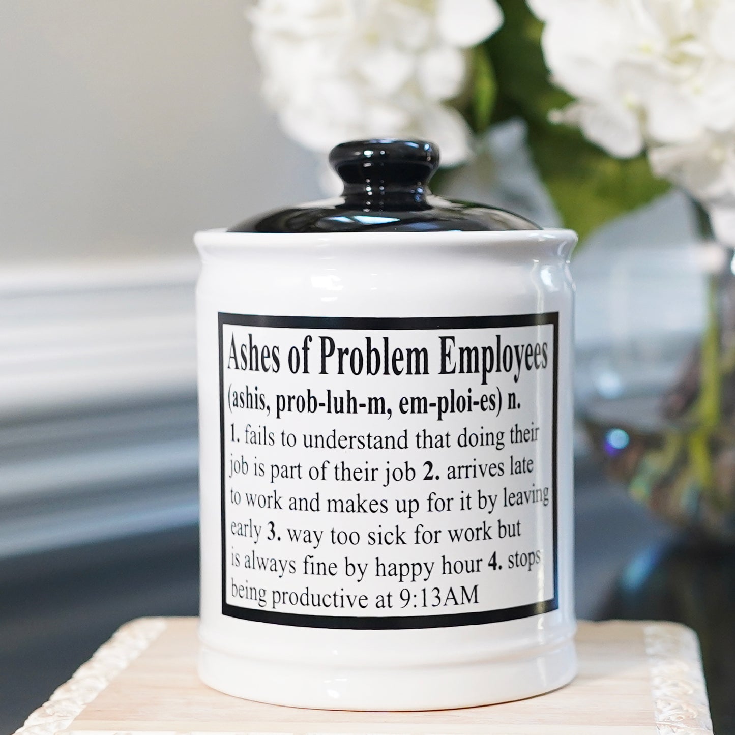 Cottage Creek Ashes of Problem Employees Piggy Bank, Candy Jar, 6" Black & White