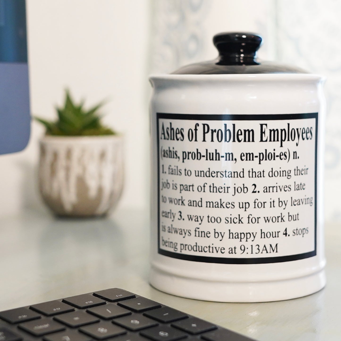 Cottage Creek Ashes of Problem Employees Piggy Bank, Candy Jar, 6" Black & White