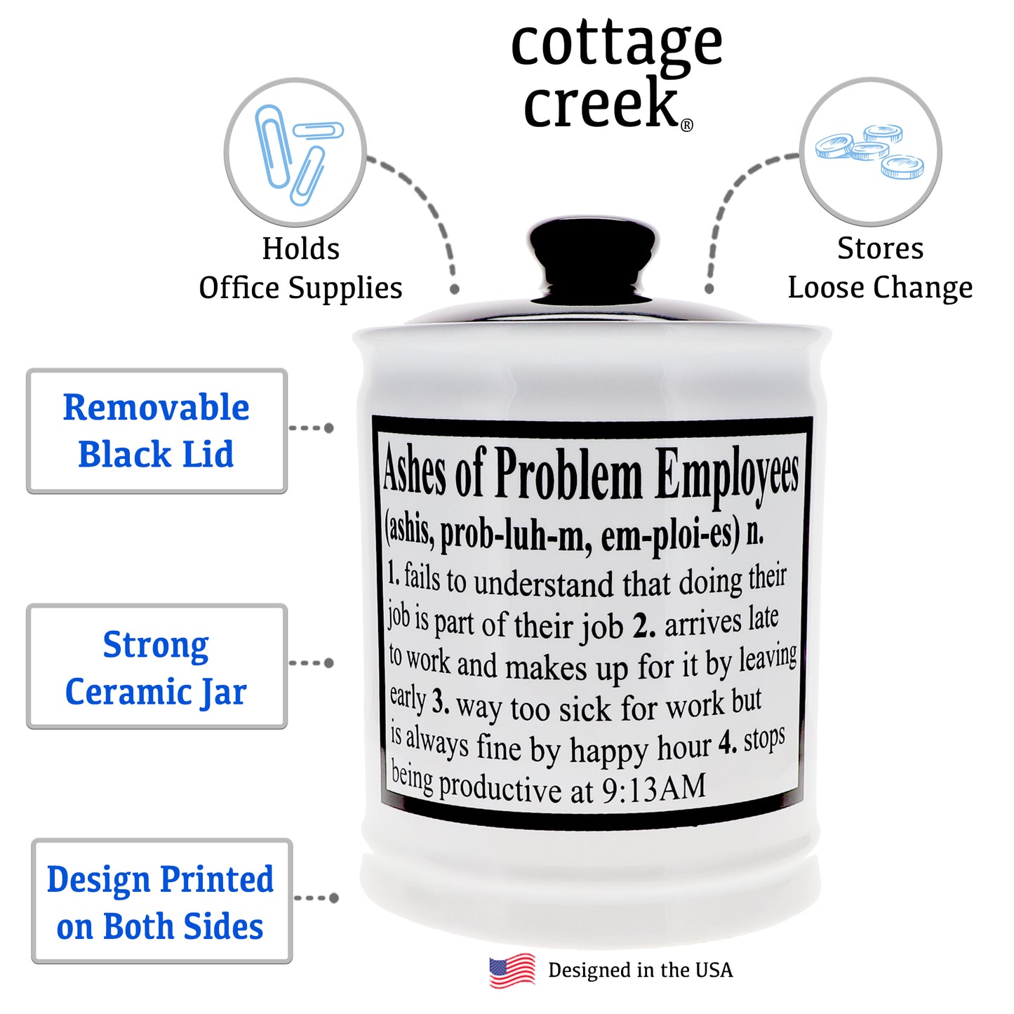 Cottage Creek Ashes of Problem Employees Piggy Bank, Candy Jar, 6" Black & White