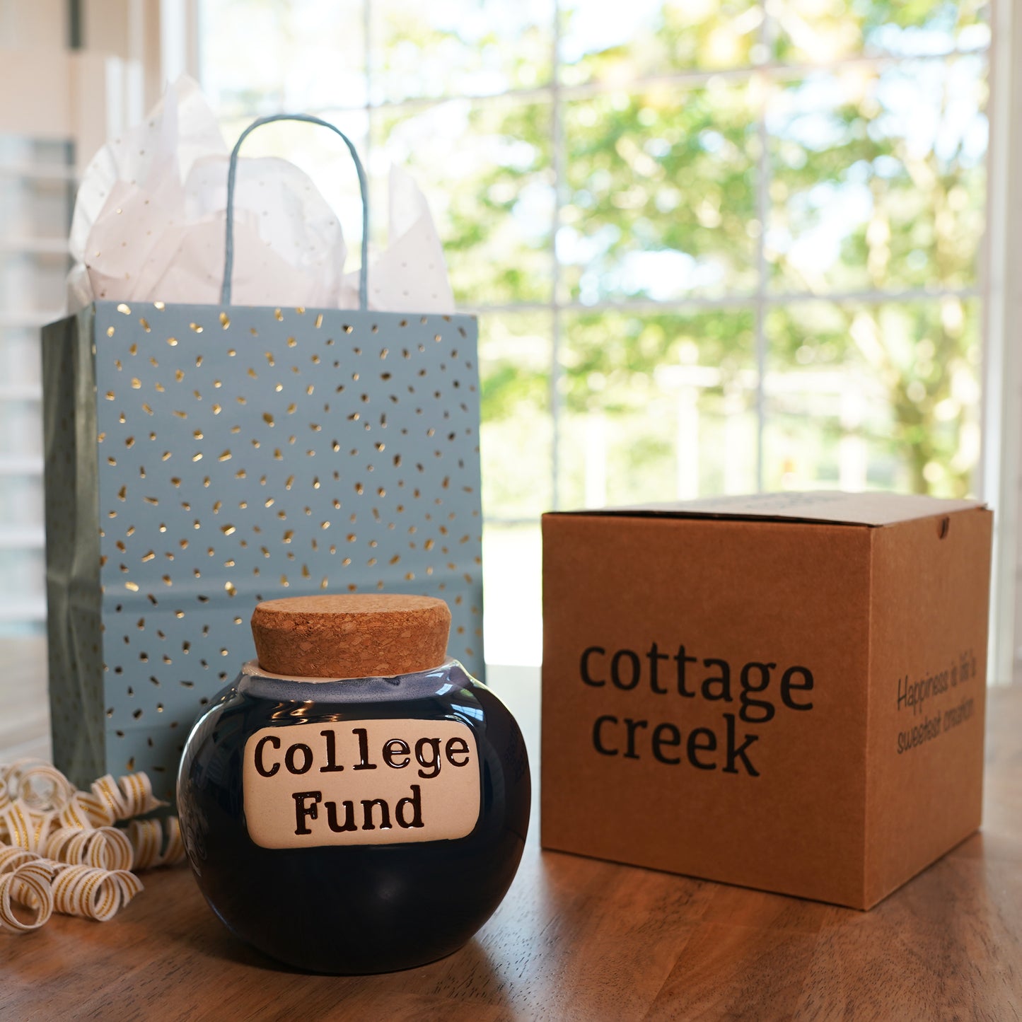 Cottage Creek College Fund Piggy Bank, Dark Blue, Ceramic, 6" College Money Jar, Graduation Gifts
