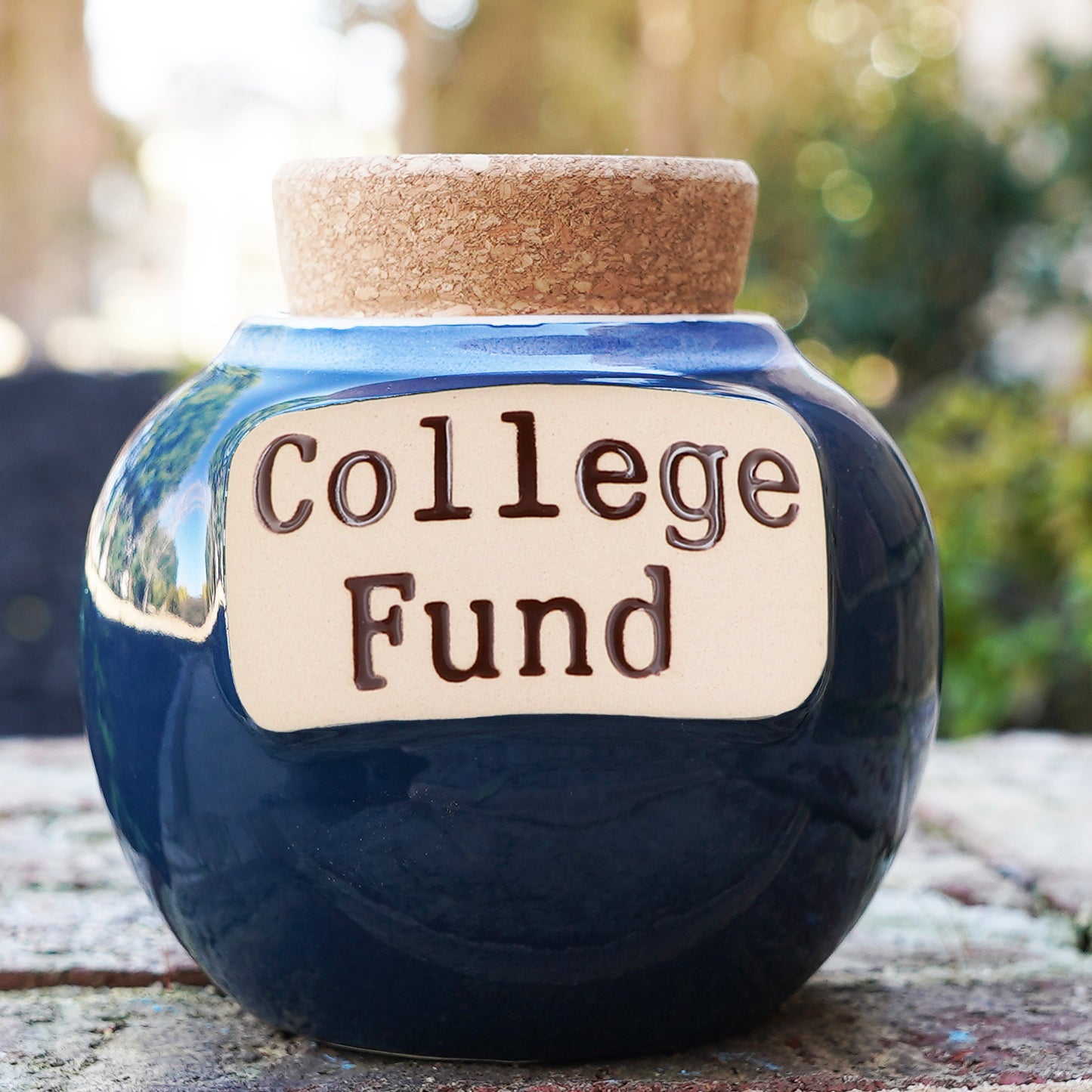 Cottage Creek College Fund Piggy Bank, Dark Blue, Ceramic, 6" College Money Jar, Graduation Gifts