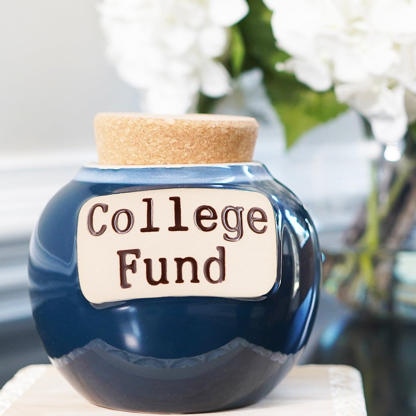 Cottage Creek College Fund Piggy Bank, Dark Blue, Ceramic, 6" College Money Jar, Graduation Gifts