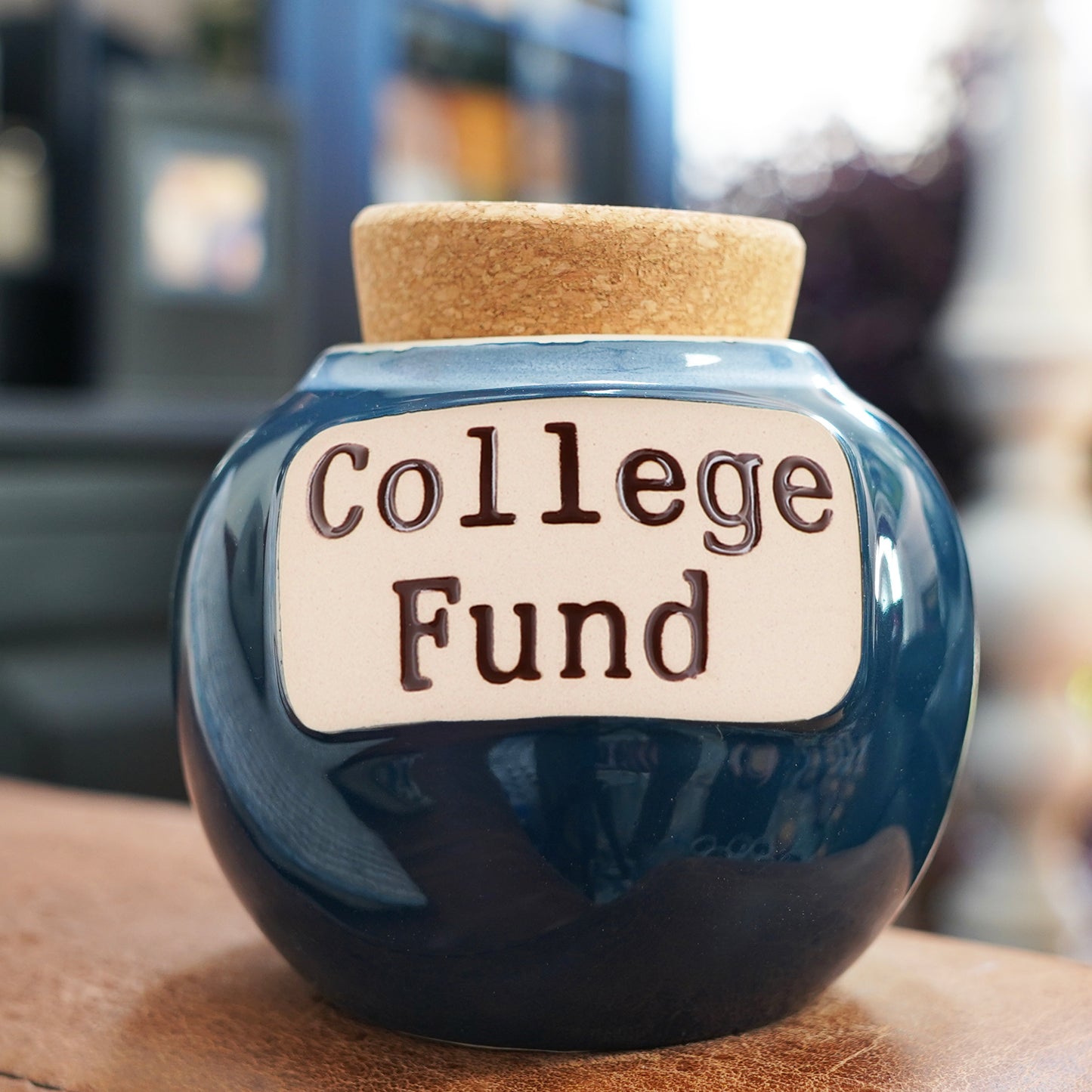 Cottage Creek College Fund Piggy Bank, Dark Blue, Ceramic, 6" College Money Jar, Graduation Gifts