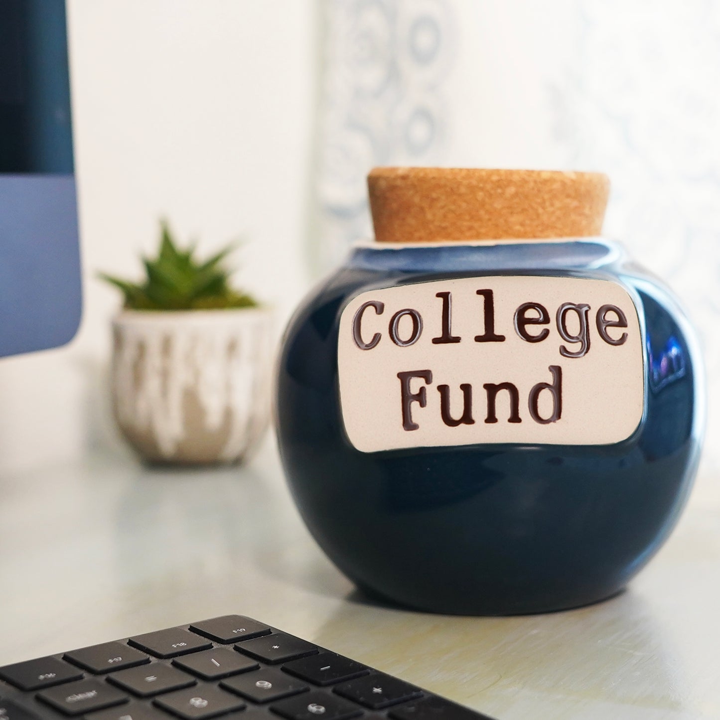 Cottage Creek College Fund Piggy Bank, Dark Blue, Ceramic, 6" College Money Jar, Graduation Gifts