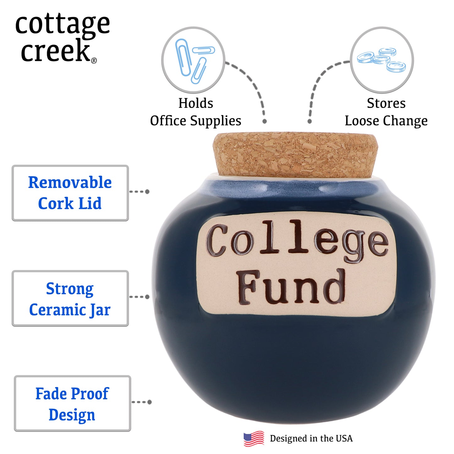 Cottage Creek College Fund Piggy Bank, Dark Blue, Ceramic, 6" College Money Jar, Graduation Gifts