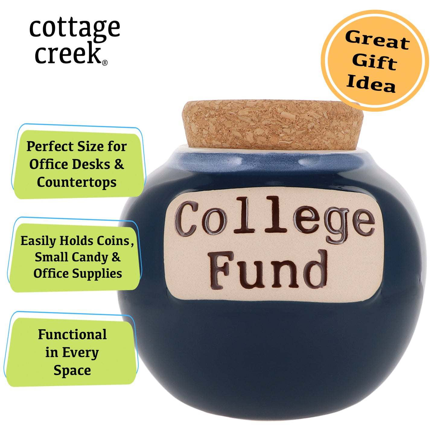 Cottage Creek College Fund Piggy Bank, Dark Blue, Ceramic, 6" College Money Jar, Graduation Gifts