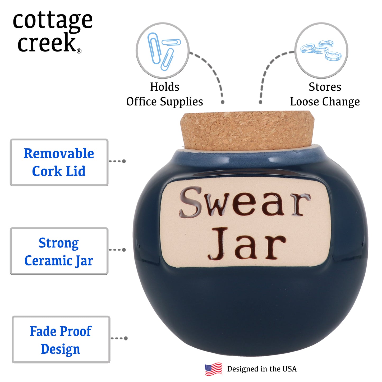 Cottage Creek Swear Jar, Cuss Word Piggy Bank, Ceramic 6", Blue