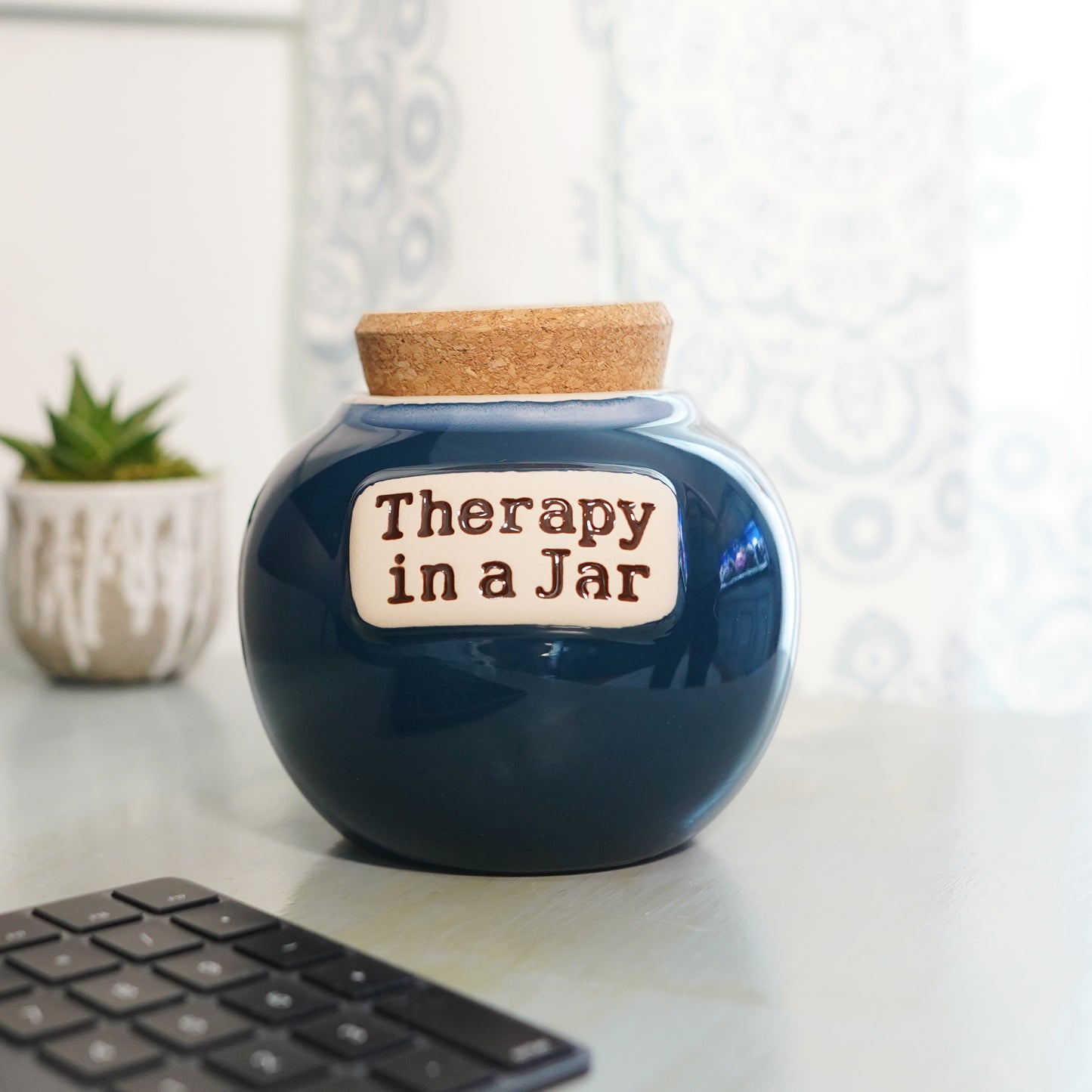 Cottage Creek Therapy in A Jar Piggy Bank, Ceramic, 6", Dark Blue Feelings Jar