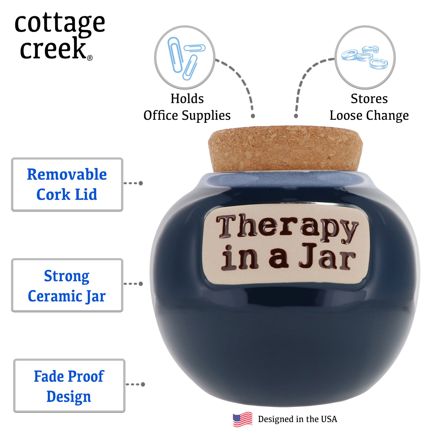 Cottage Creek Therapy in A Jar Piggy Bank, Ceramic, 6", Dark Blue Feelings Jar