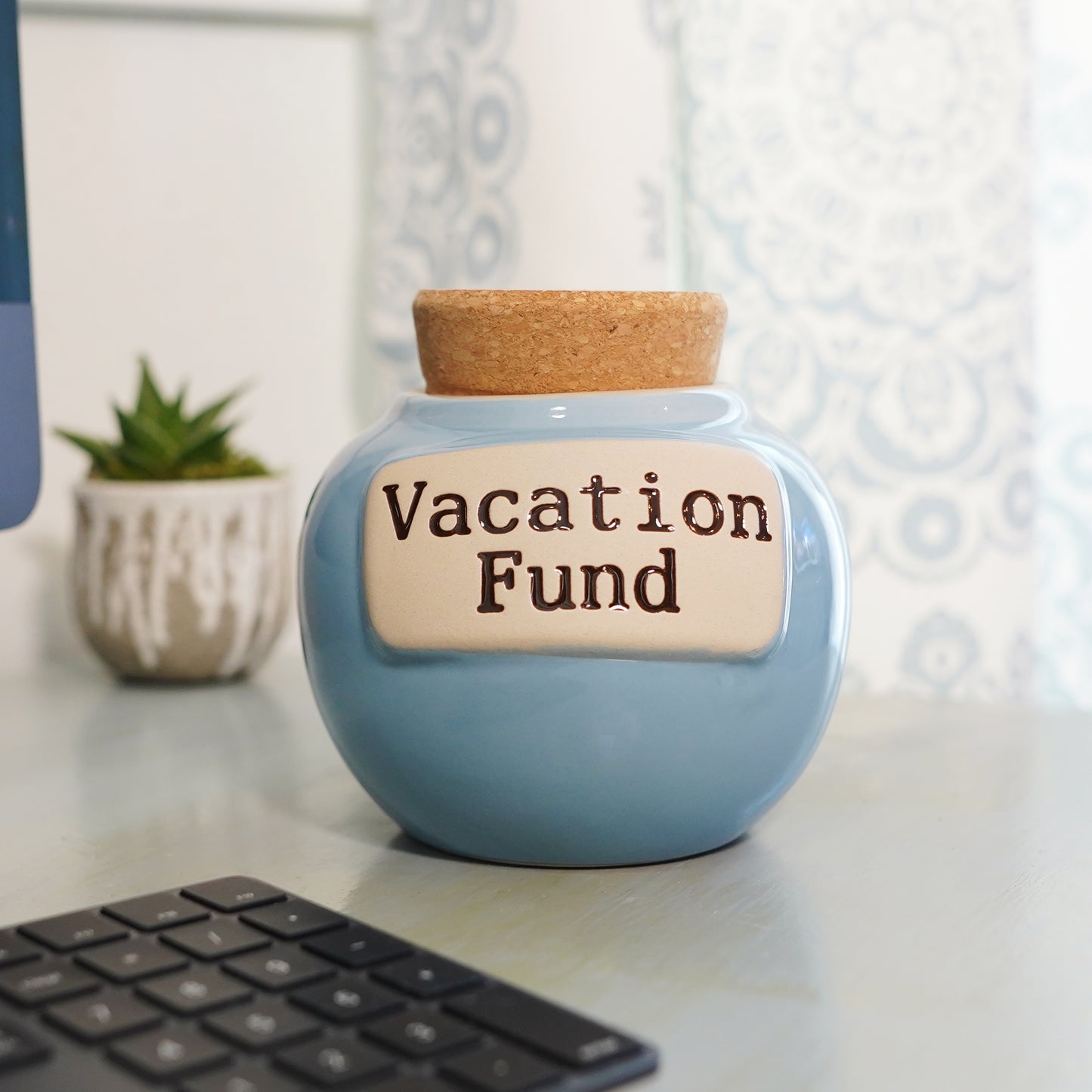 Cottage Creek Vacation Fund Piggy Bank, Our Adventure Ceramic, 6", Light Blue Travel Savings Bank, Candy Jar