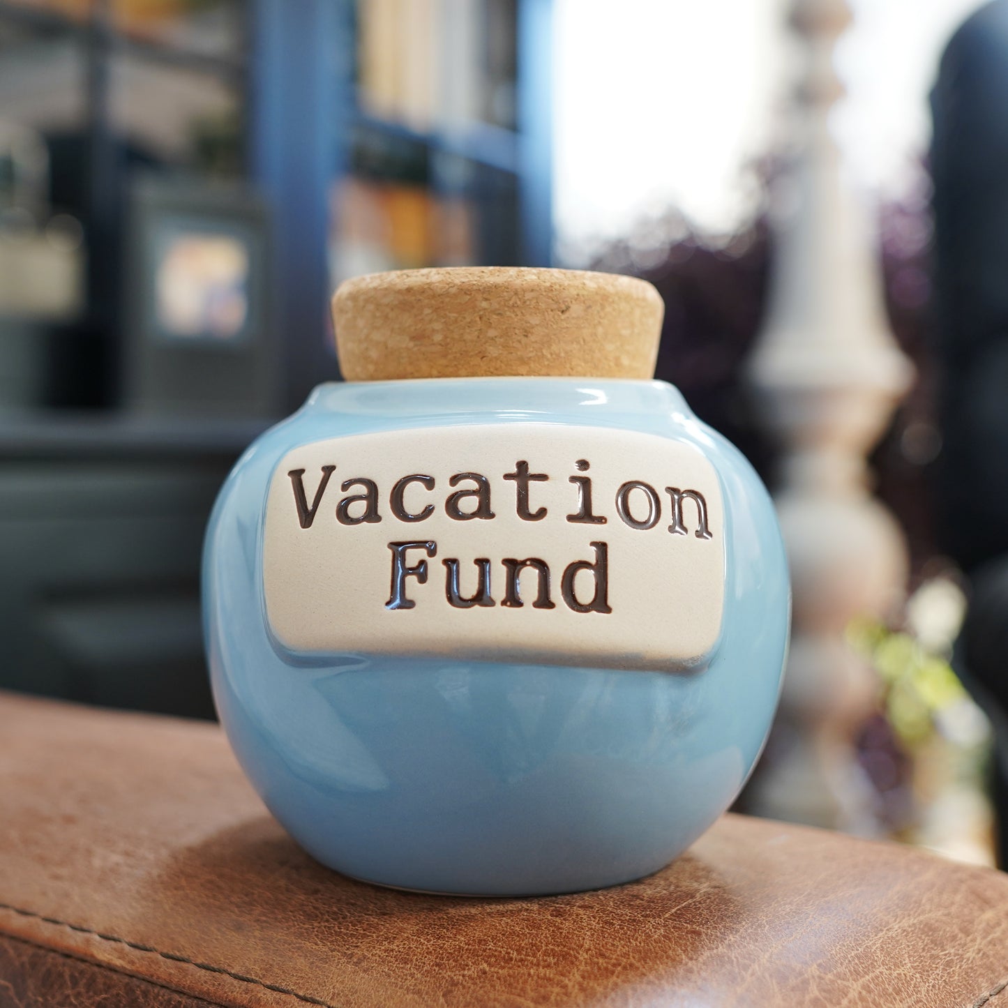 Cottage Creek Vacation Fund Piggy Bank, Our Adventure Ceramic, 6", Light Blue Travel Savings Bank, Candy Jar