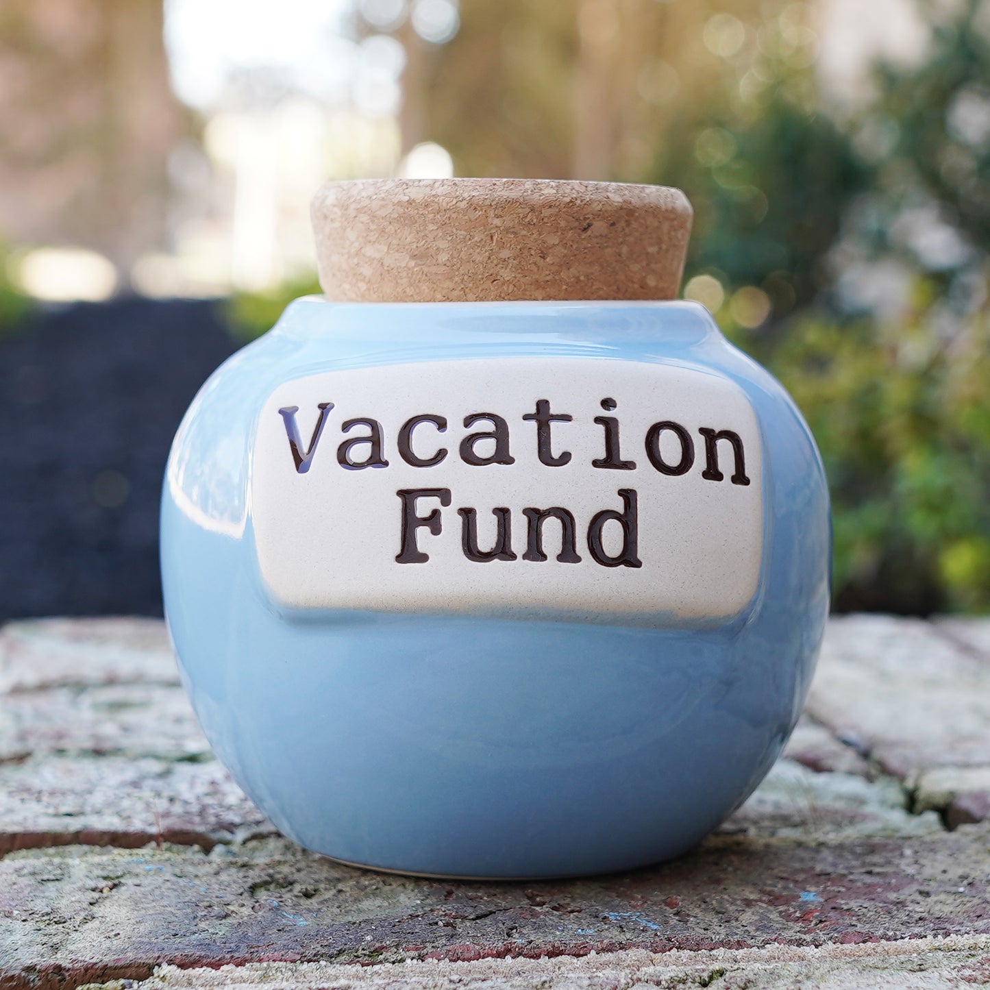 Cottage Creek Vacation Fund Piggy Bank, Our Adventure Ceramic, 6", Light Blue Travel Savings Bank, Candy Jar