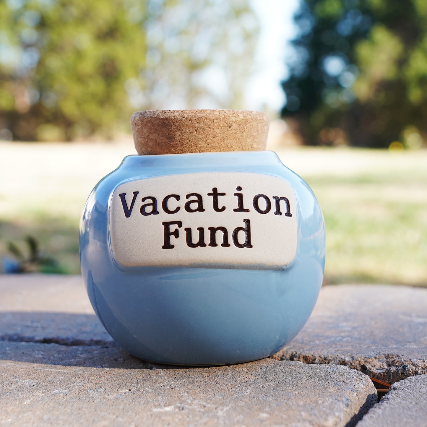 Cottage Creek Vacation Fund Piggy Bank, Our Adventure Ceramic, 6", Light Blue Travel Savings Bank, Candy Jar