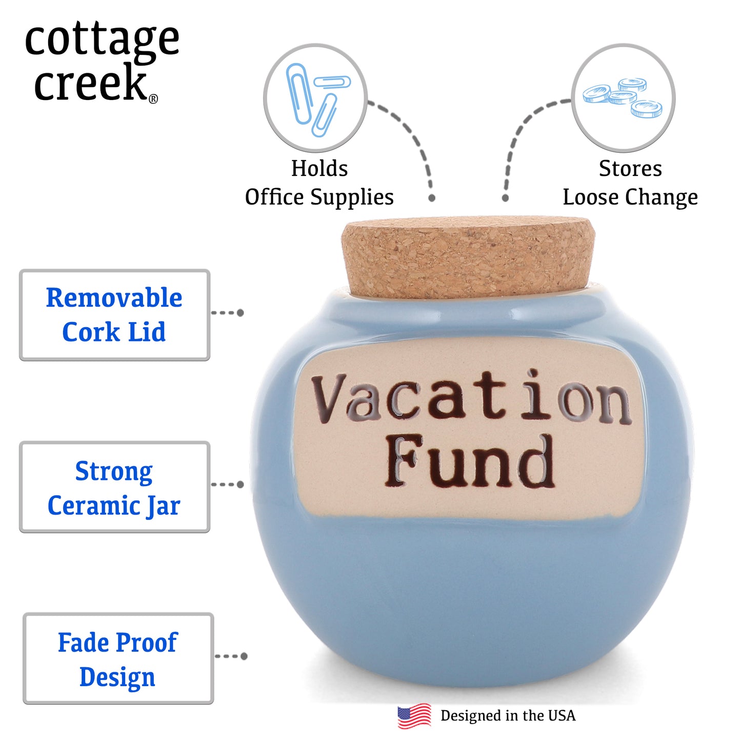 Cottage Creek Vacation Fund Piggy Bank, Our Adventure Ceramic, 6", Light Blue Travel Savings Bank, Candy Jar