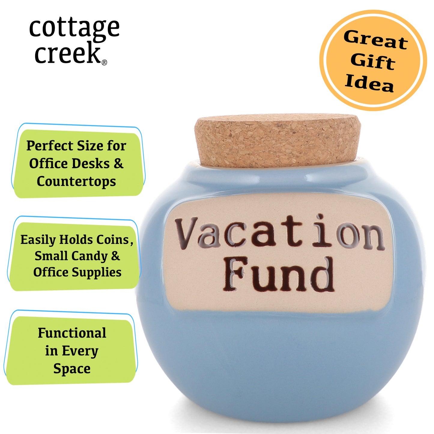 Cottage Creek Vacation Fund Piggy Bank, Our Adventure Ceramic, 6", Light Blue Travel Savings Bank, Candy Jar