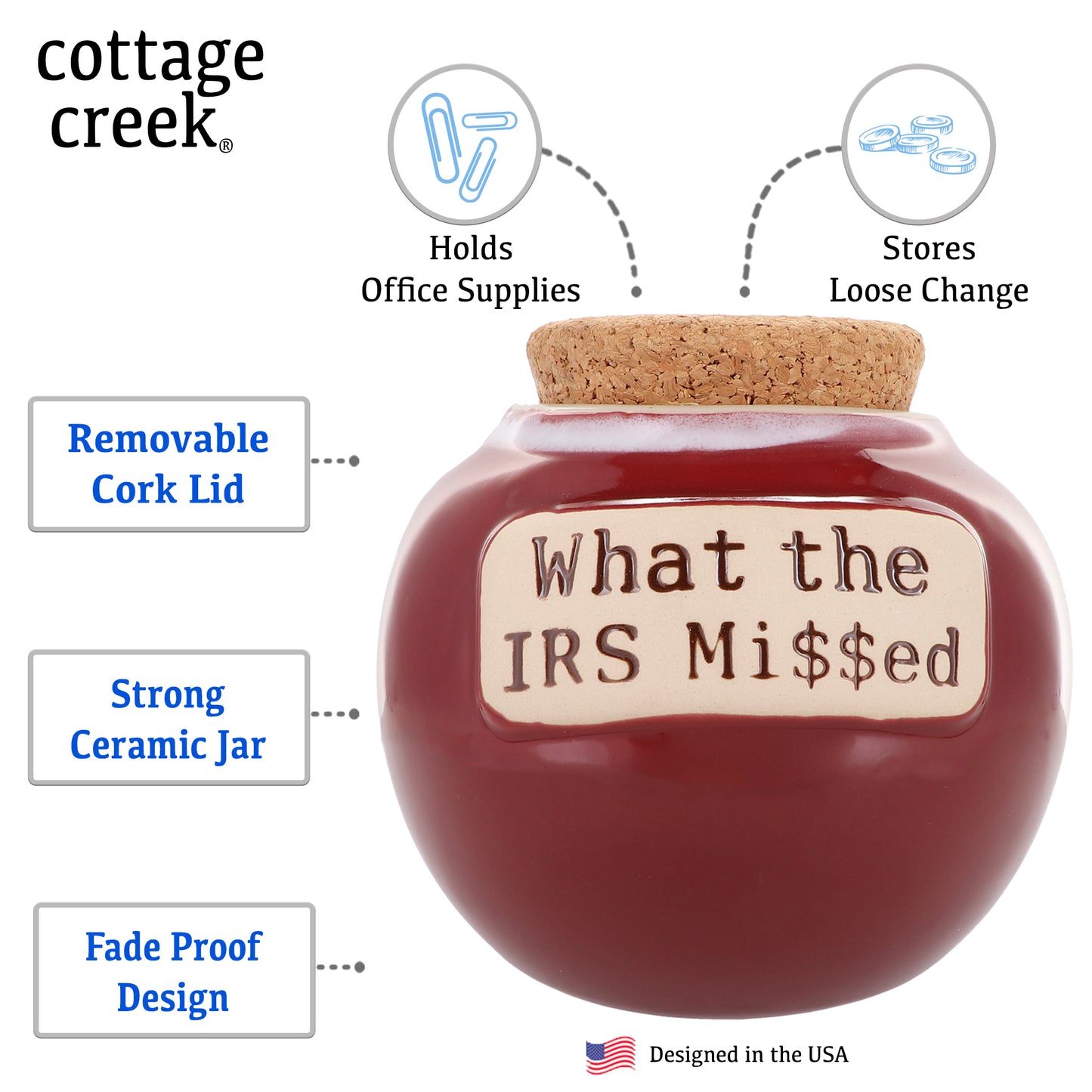 Cottage Creek What the IRS Mi$$ed Piggy Bank, Ceramic, 6" Red Office Candy Jar