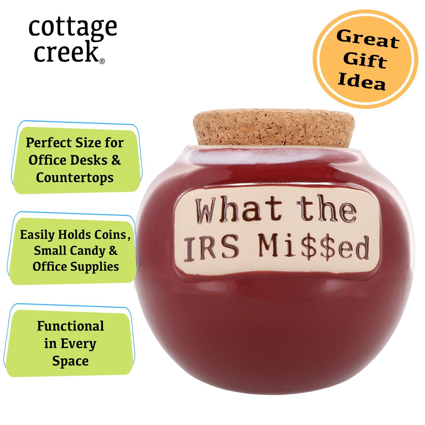 Cottage Creek What the IRS Mi$$ed Piggy Bank, Ceramic, 6" Red Office Candy Jar