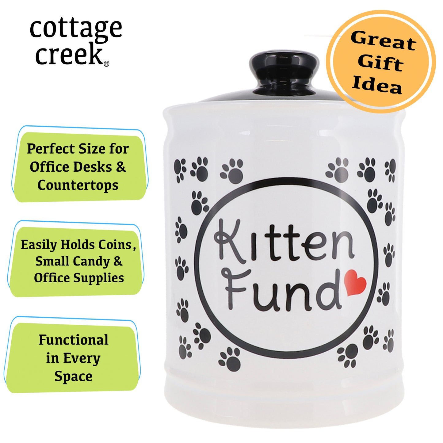 Cottage Creek Kitten Fund Piggy Bank, Ceramic, 6", Multicolored Cat Candy Jar