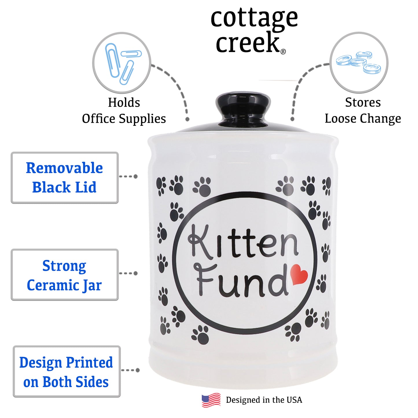 Cottage Creek Kitten Fund Piggy Bank, Ceramic, 6", Multicolored Cat Candy Jar