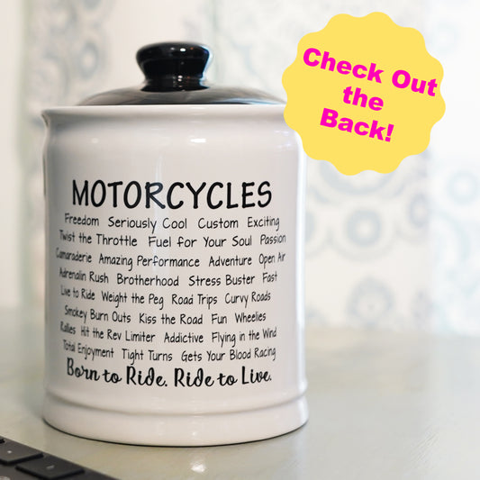 Cottage Creek Motorcycle Money Piggy Bank, Multicolored, Ceramic, 6" Motorcycle Candy Jar, Biker Gifts