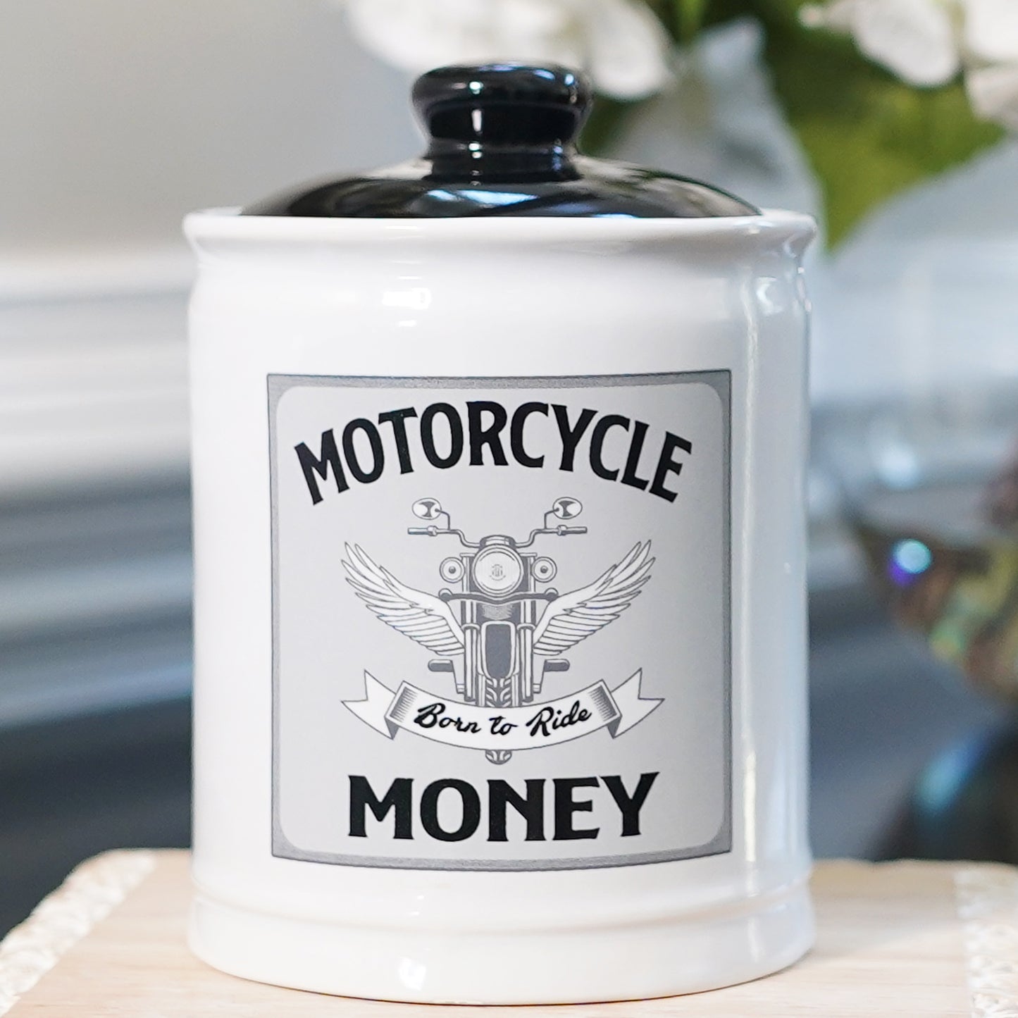 Cottage Creek Motorcycle Money Piggy Bank, Multicolored, Ceramic, 6" Motorcycle Candy Jar, Biker Gifts