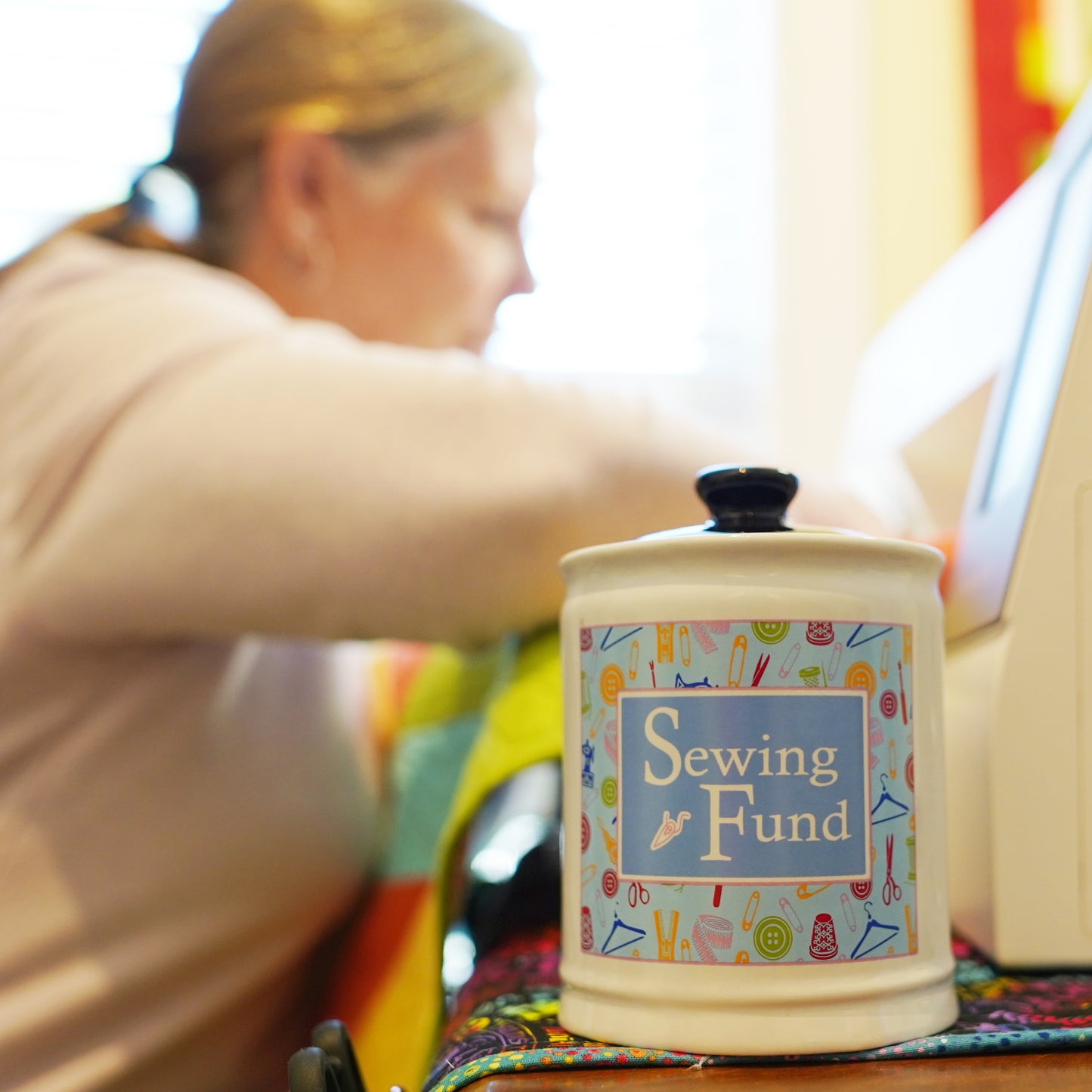Cottage Creek Sewing Fund Piggy Bank, Ceramic, 6", Multicolored Sewing Supplies Jar