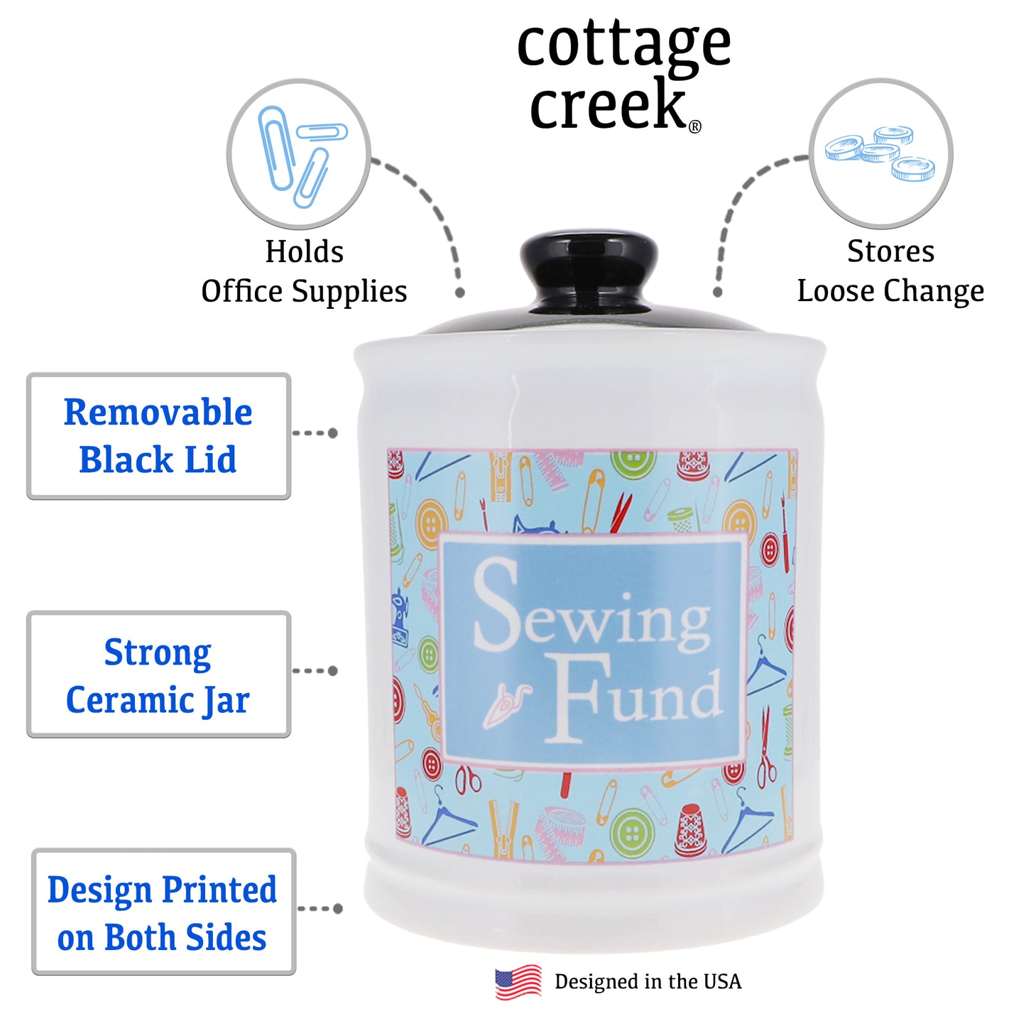 Cottage Creek Sewing Fund Piggy Bank, Ceramic, 6", Multicolored Sewing Supplies Jar