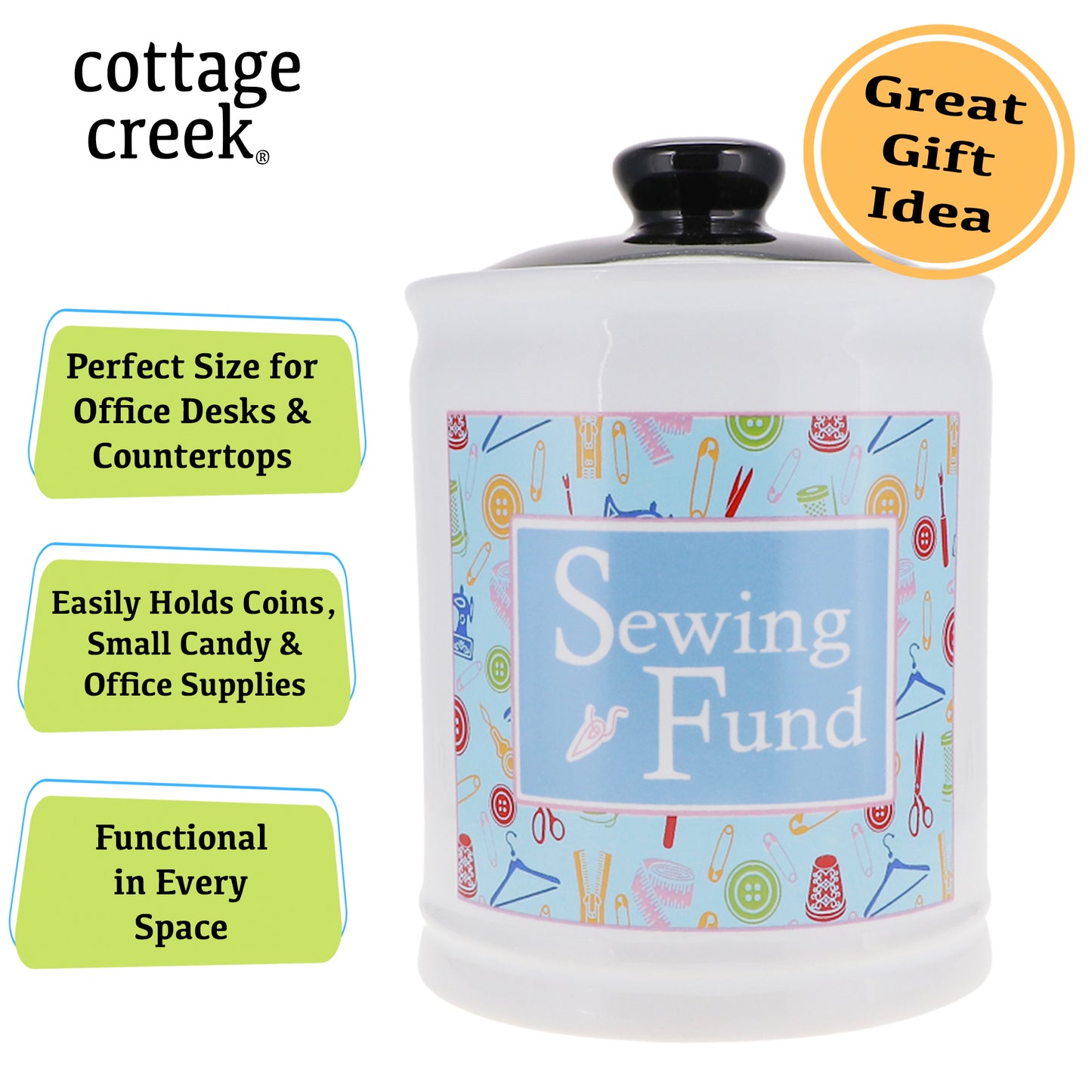 Cottage Creek Sewing Fund Piggy Bank, Ceramic, 6", Multicolored Sewing Supplies Jar
