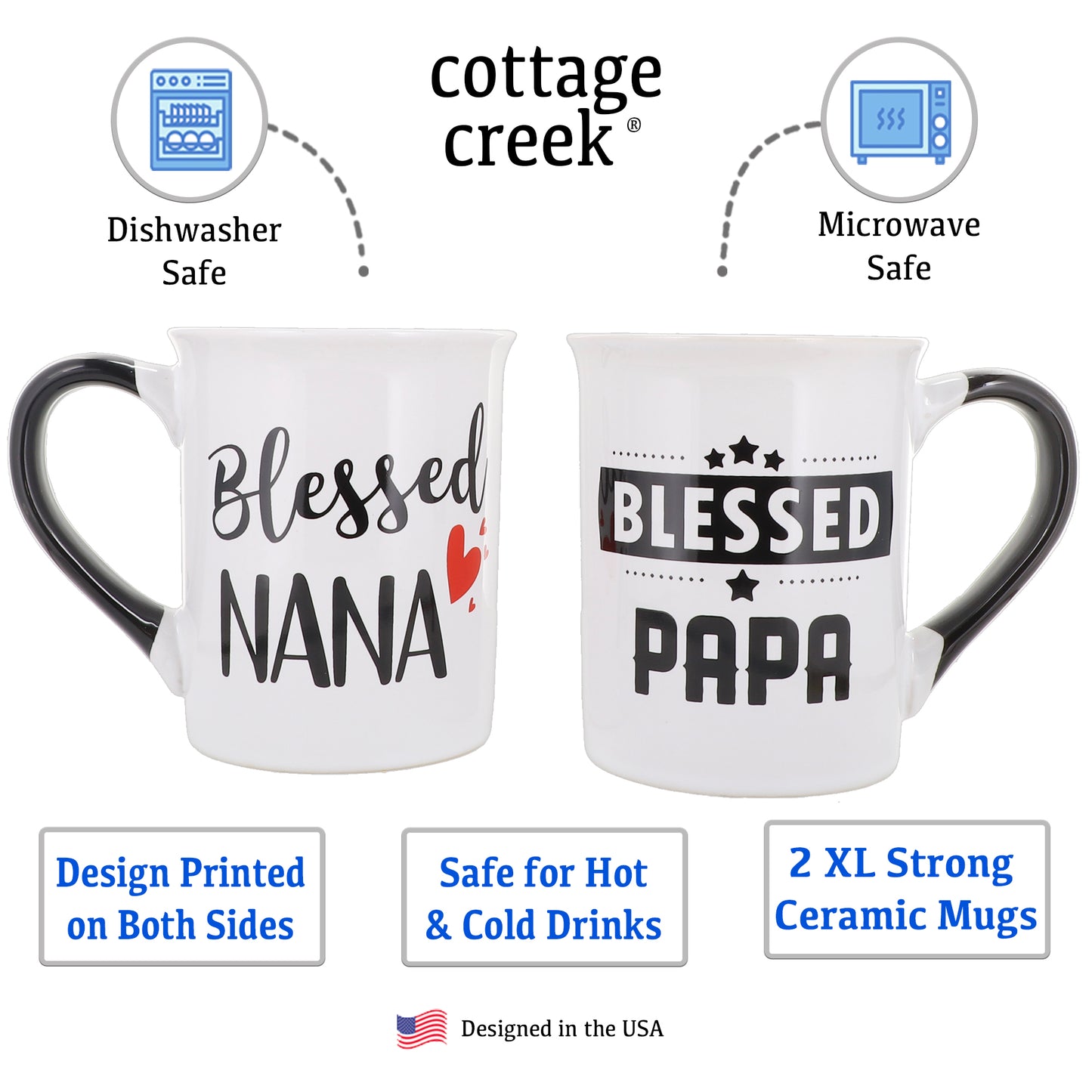 Cottage Creek Blessed Nana Papa Mugs, Multicolored, Ceramic, 6" Set of Two Grandparent Mugs