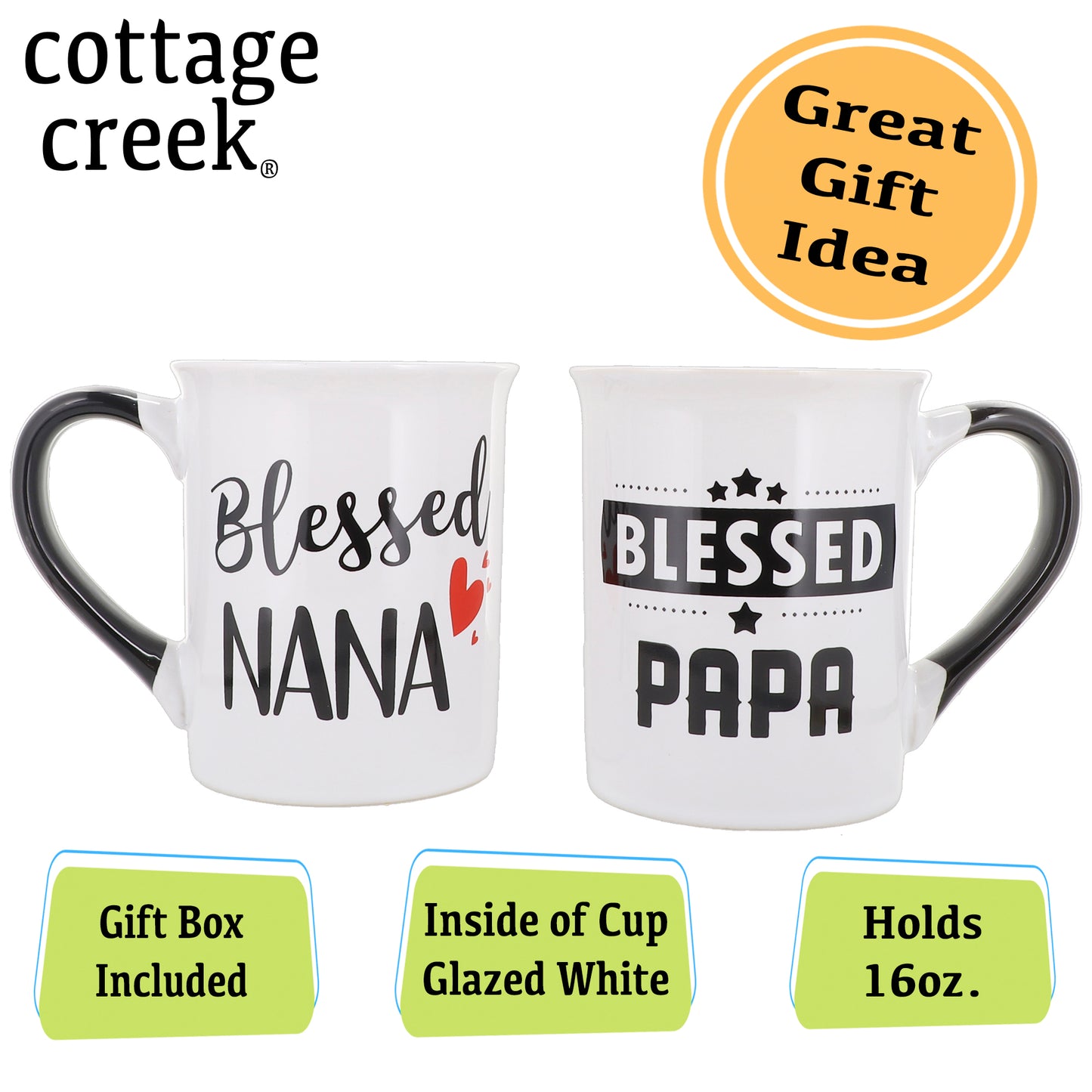 Cottage Creek Blessed Nana Papa Mugs, Multicolored, Ceramic, 6" Set of Two Grandparent Mugs